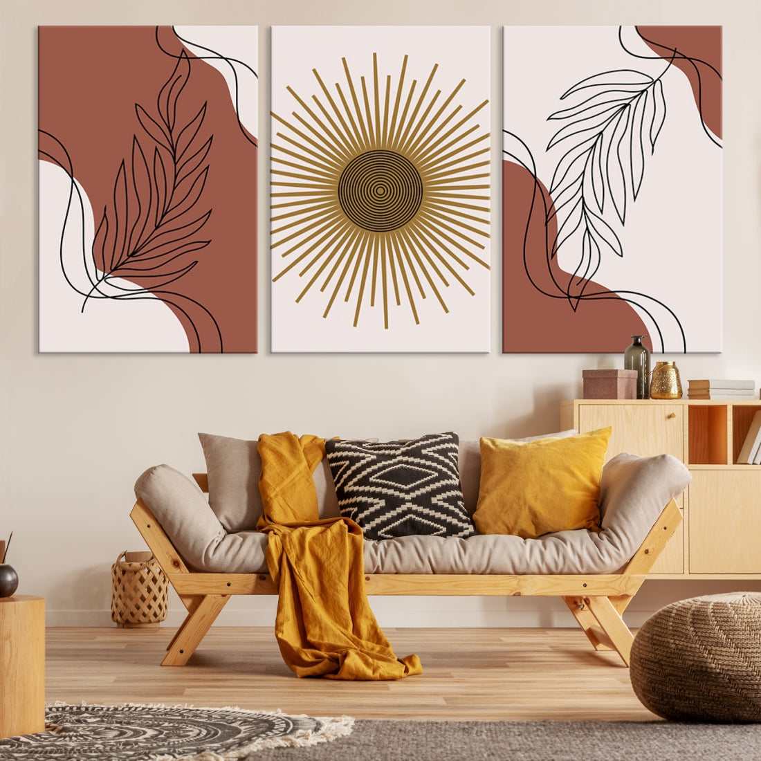 Boho Floral Lines and Sun Canvas Large Wall Art Mid Century Modern Print