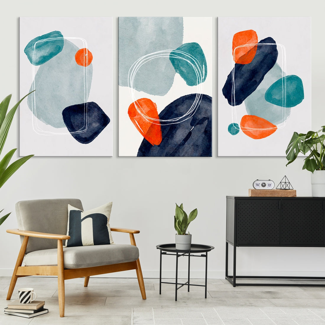 Boho Orange and Turquoise Modern Minimal Style Large Wall Art Canvas Print