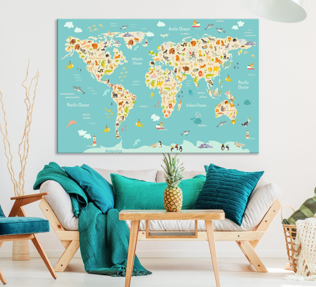 Colorful World Map With Animals Extra Large Wall Art Canvas Print Samiartgallery