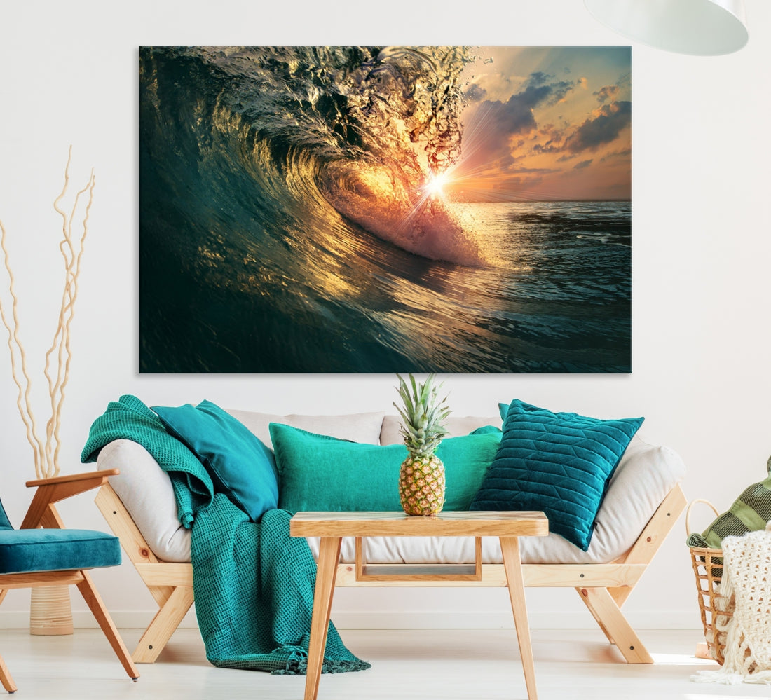 Sunset Surf Wave on Ocean Canvas Wall Art Print Coastal Artwork for Hallway Decor