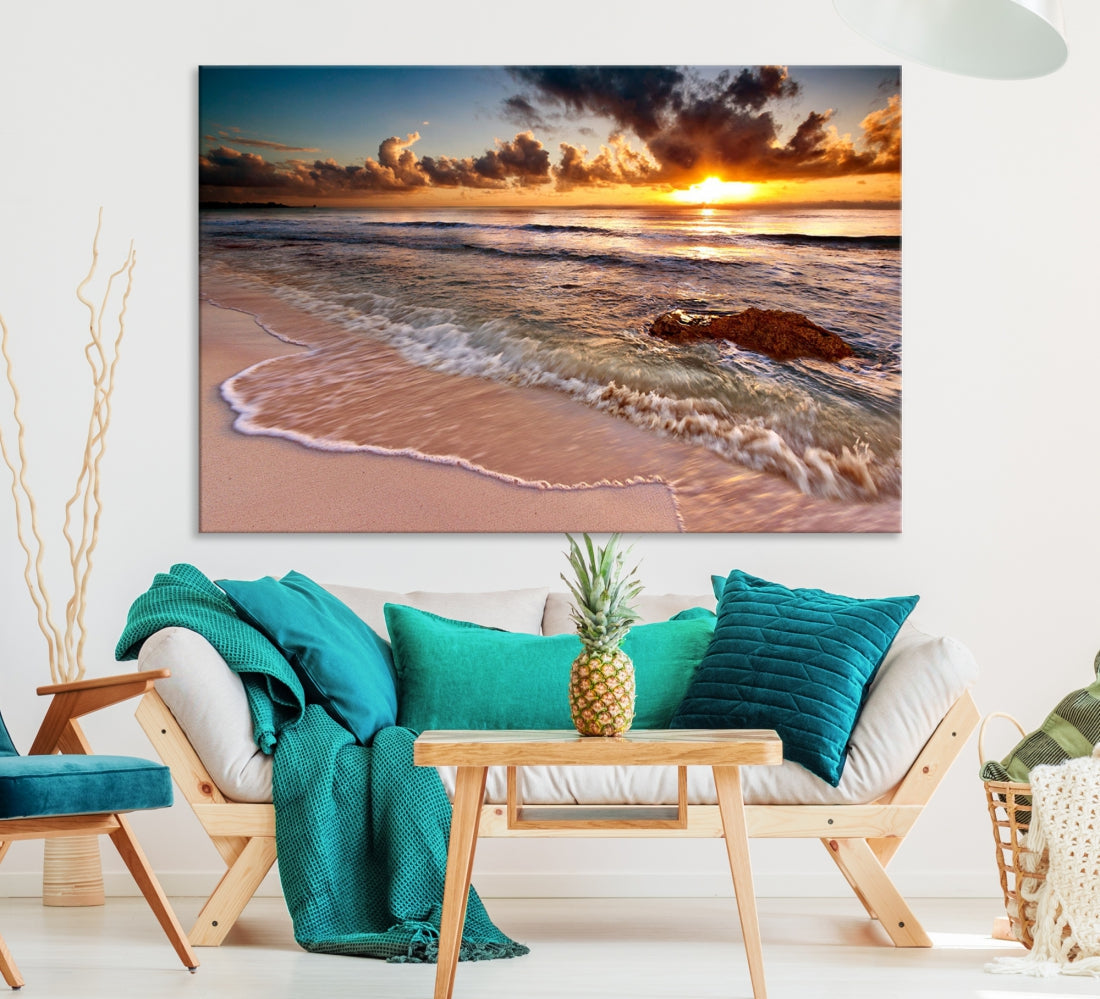 Sunset from the Beach Ocean Landscape Large Framed Wall Art Canvas Print