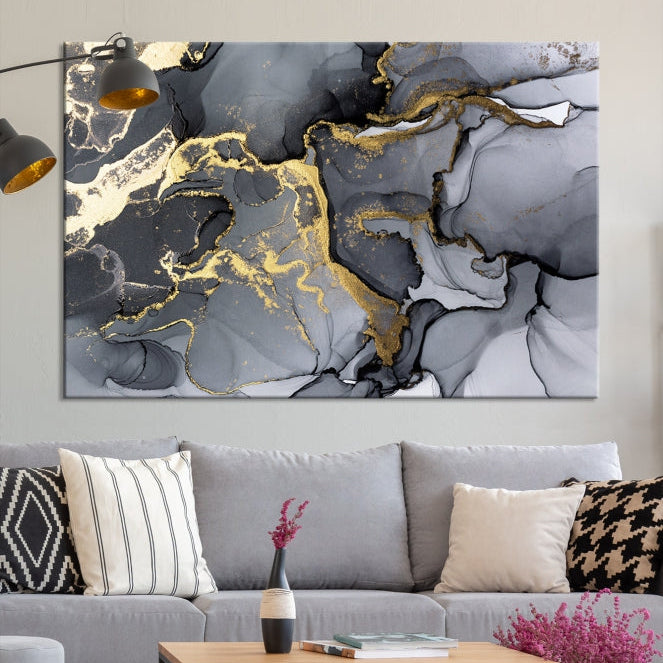 Gold Gray Marble Fluid Effect Wall Art Large Abstract Canvas Print