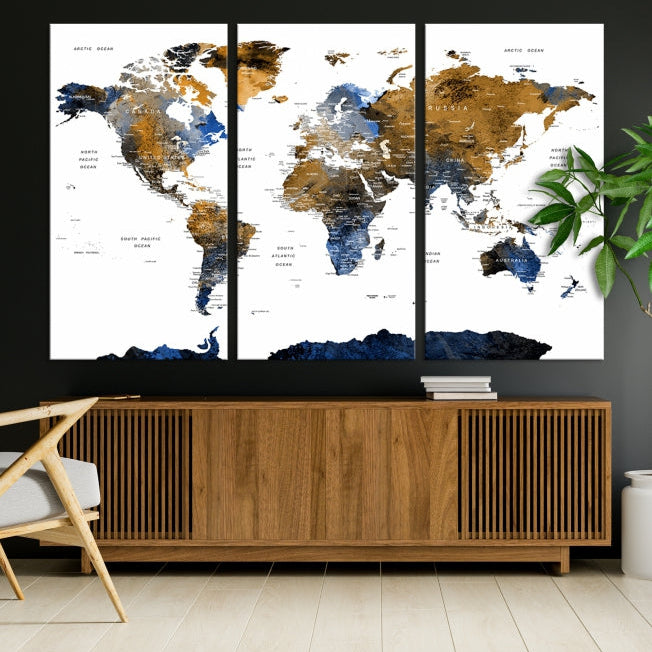Blue Brown World Map Large Canvas Print