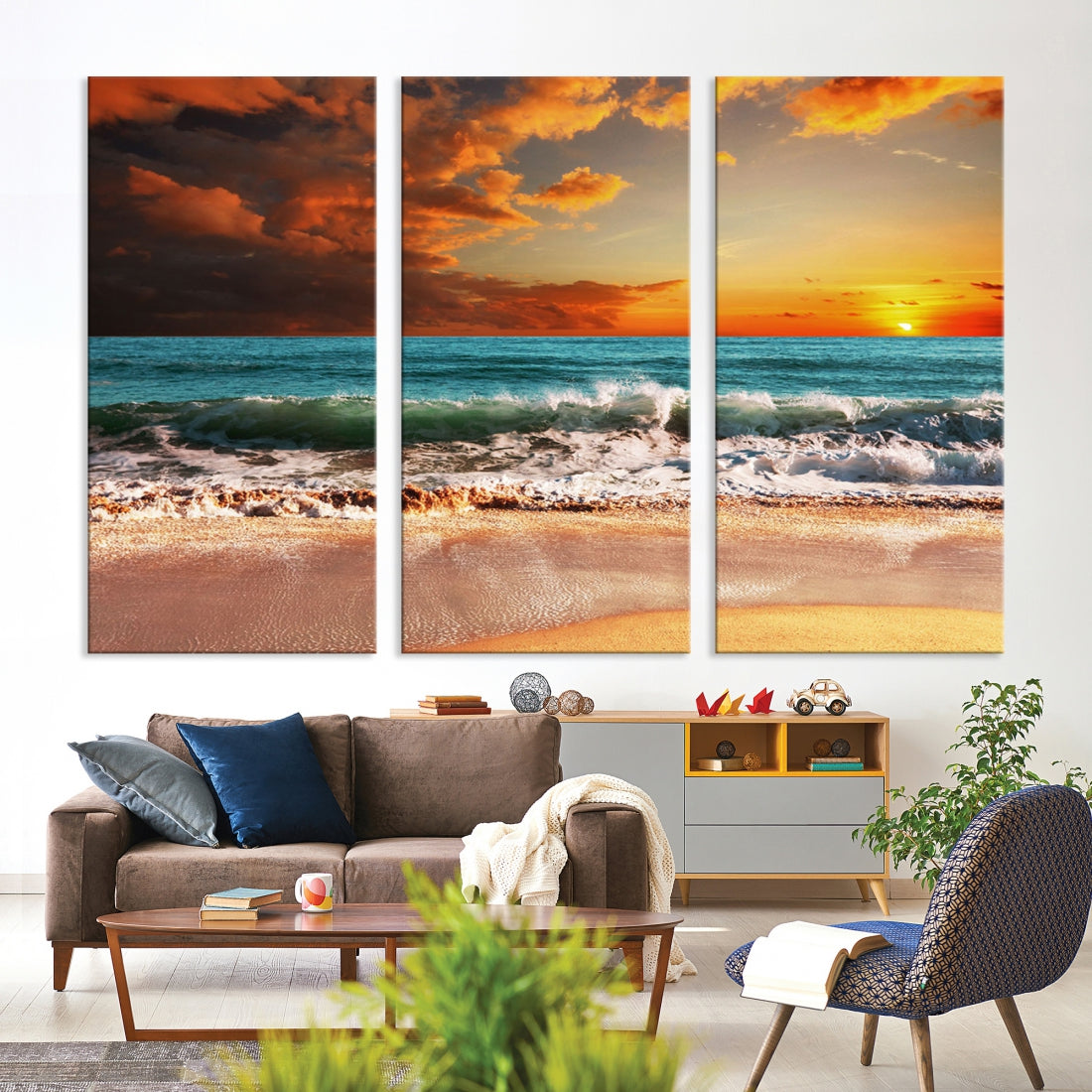 Thrilling Red Sunset Ocean Wave Beach Wall Art Canvas Print Coastal Printing