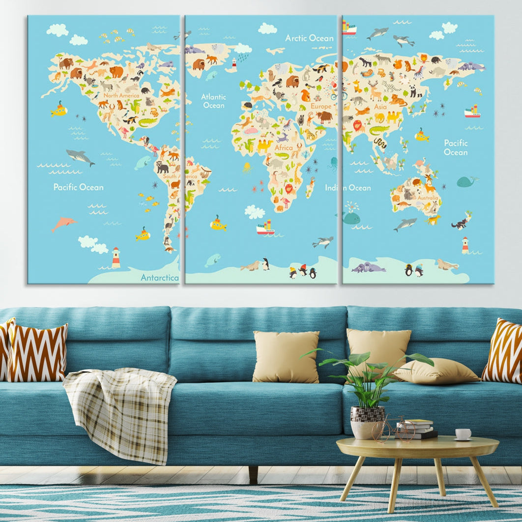 Animal World Map Canvas Wall Art Educational Print for Kids Room Wall Decor