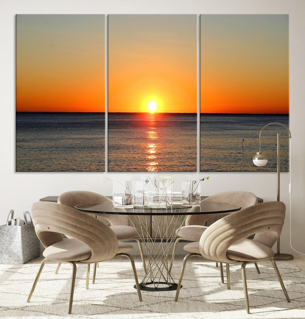 Framed Large Wall Art Canvas Sunset over Dark Blue Sea