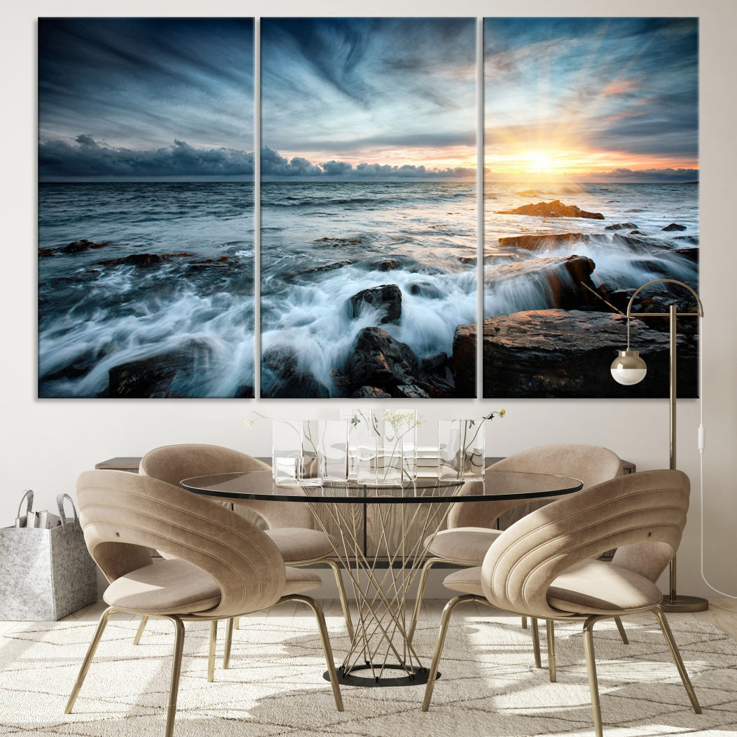 Wavy Sea Ocean Sunset Beach Large Canvas Art Print for Wall Decor