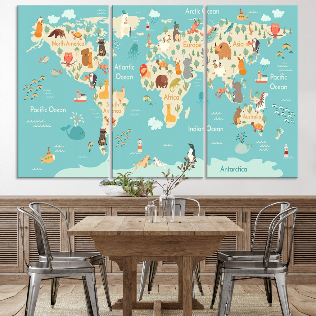 World Map with Animals Wall Art Educational Wall Decor for Kids Map Canvas Print