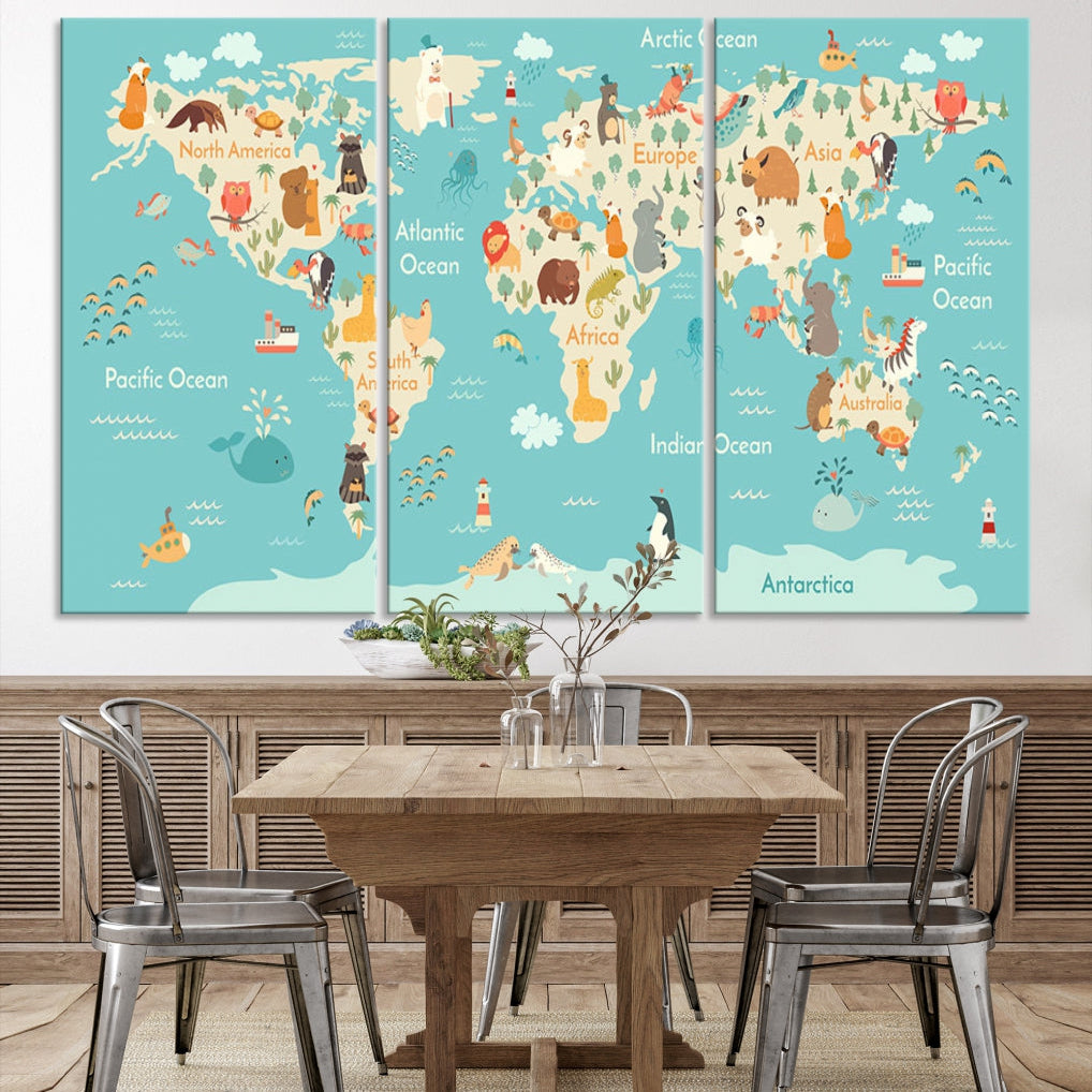 Extra Large World Map with Animals Art Print Kids Room Nursery Canvas Decor