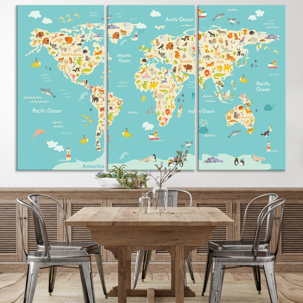 Extra Large Animal World Map Wall Art Canvas Print Educational Map for Kids