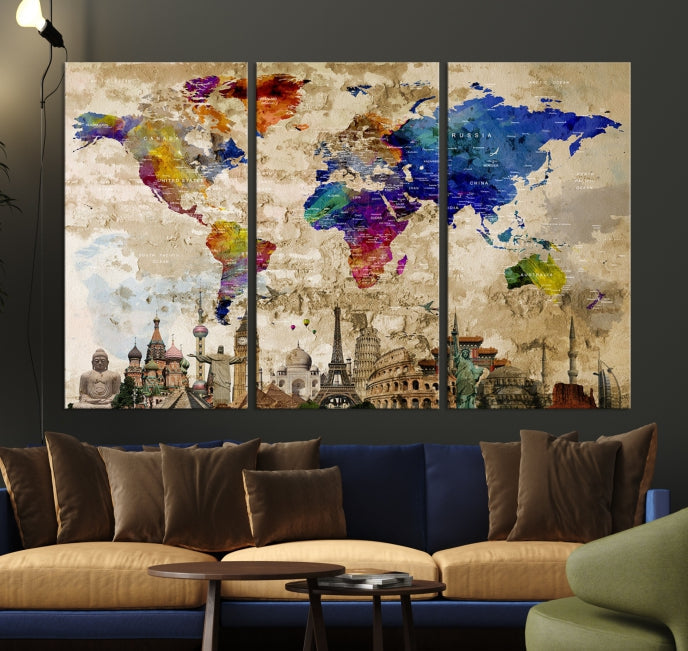 Modern Travel World Map Canvas Print Wall ArtA Stylish & Informative Piece