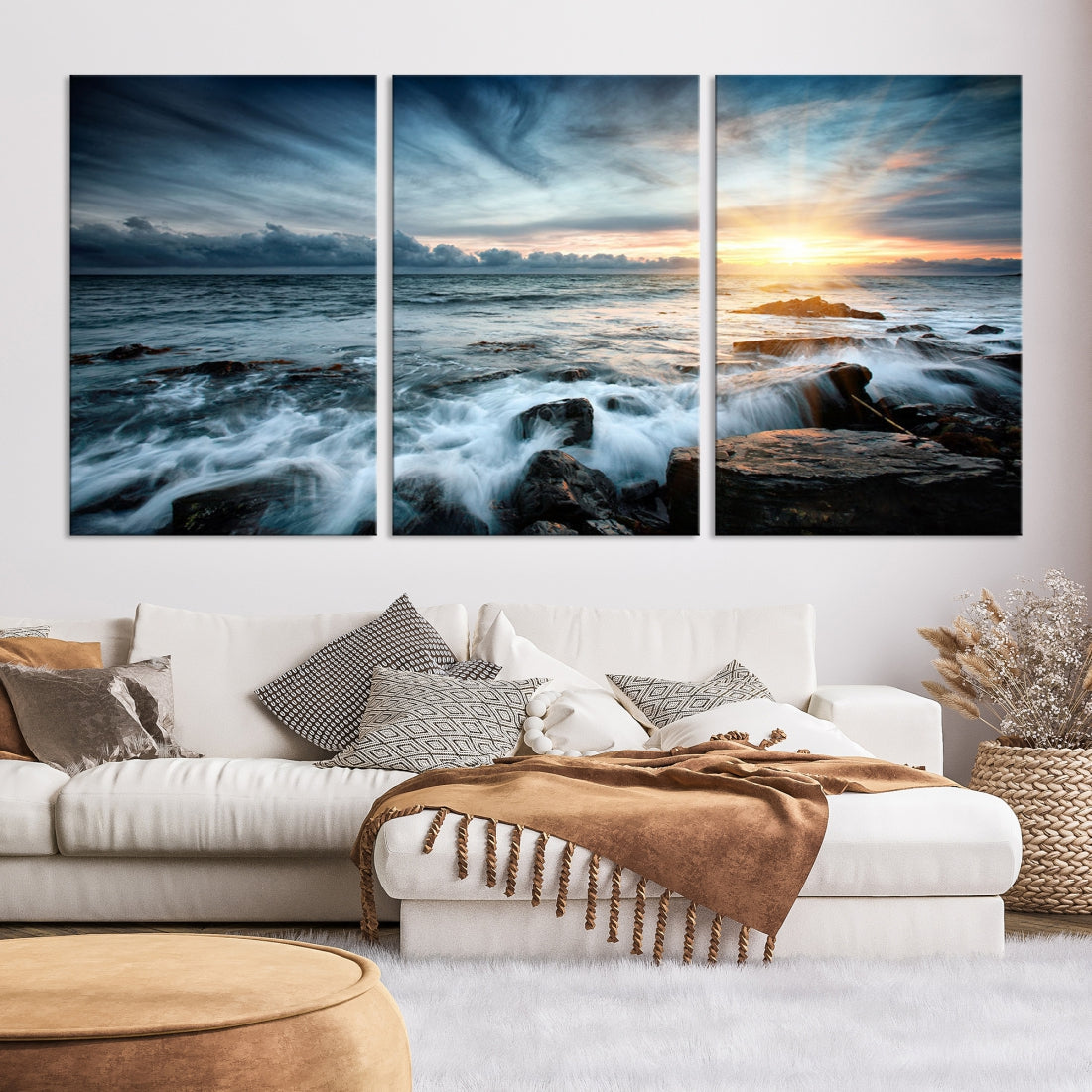 Wavy Sea Ocean Sunset Beach Large Canvas Art Print for Wall Decor